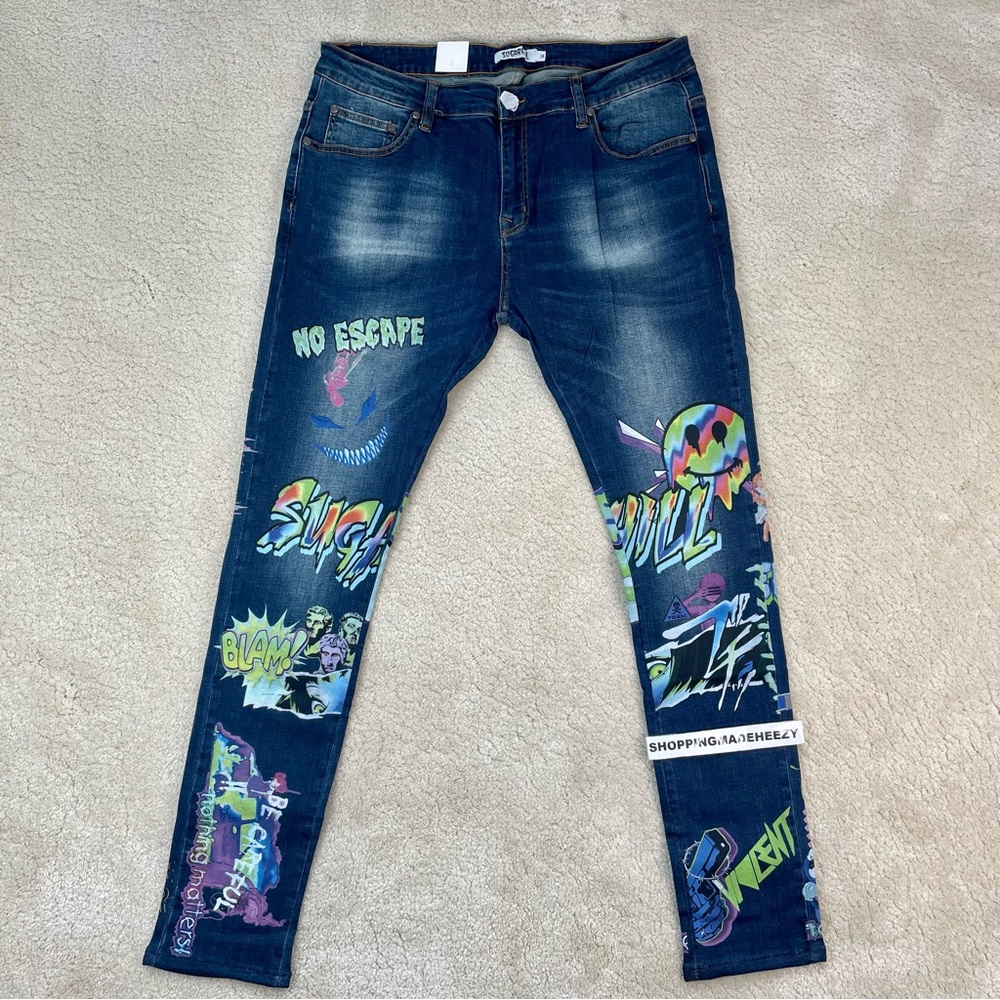SUGARHILL TRIPPY BRIGHT GRAPHICS No Escape Streetwear Denim Jeans Pants
